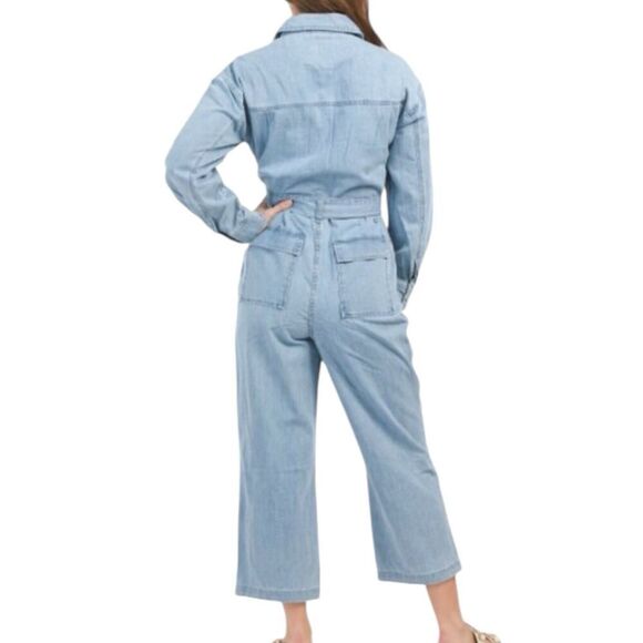 OAT New York Jumpsuit WMNS L Blue Denim Cropped Waist Tie Button Up Patch Pocket - Picture 2 of 3